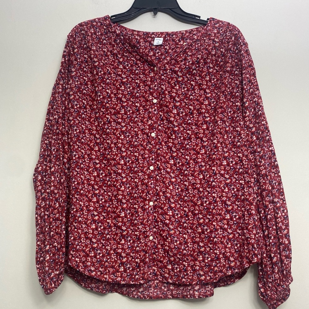 Old Navy Red Ditsy Floral Oversized Button-Front Poet Blouse Womens Medium - Picture 2 of 6